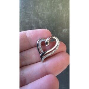 925 Sterling Silver Diamond Pave Open Heart Pendant Vintage